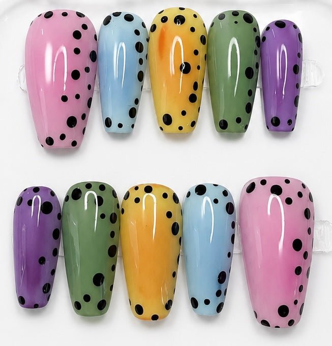 Frances handcrafted press-on nails in pink, blue, yellow, green & purple | Eleanor May Collective