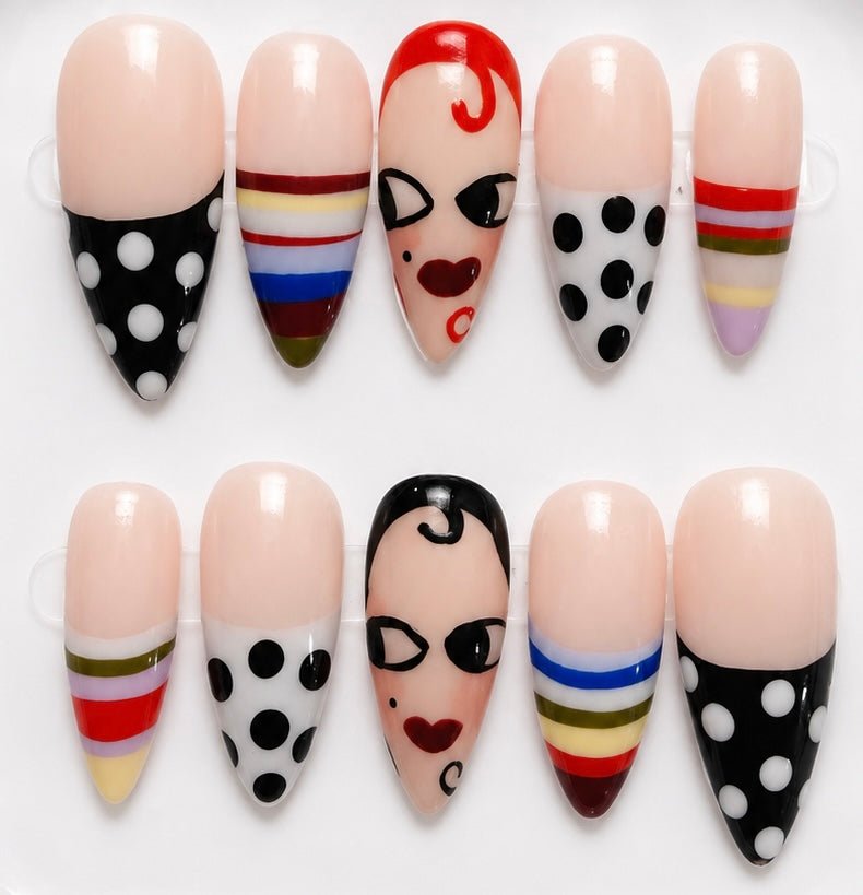 Goldie handcrafted press-on nails — black & white stripes, polka dots & face art | Eleanor May Collective