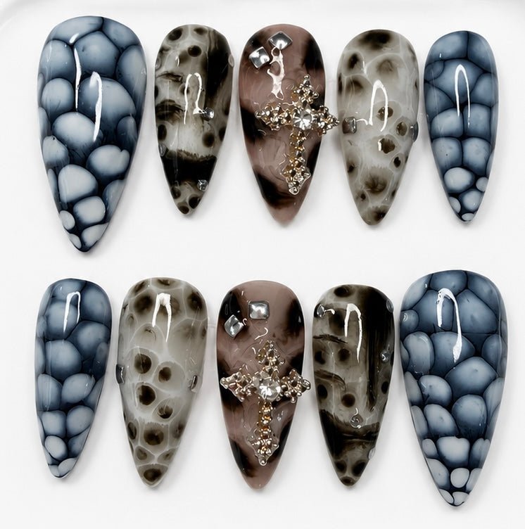Iris handcrafted press-on nails in grey, white & black | Eleanor May Collective