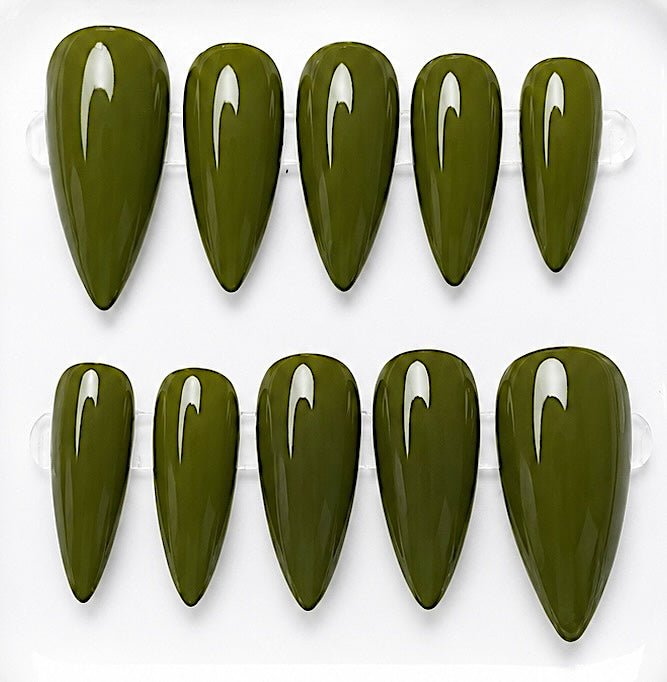 Olive handcrafted press-on nails in rich olive green | Eleanor May Collective