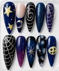 Ophelia handcrafted press-on nails in blue, black, yellow, purple & silver | Eleanor May Collective