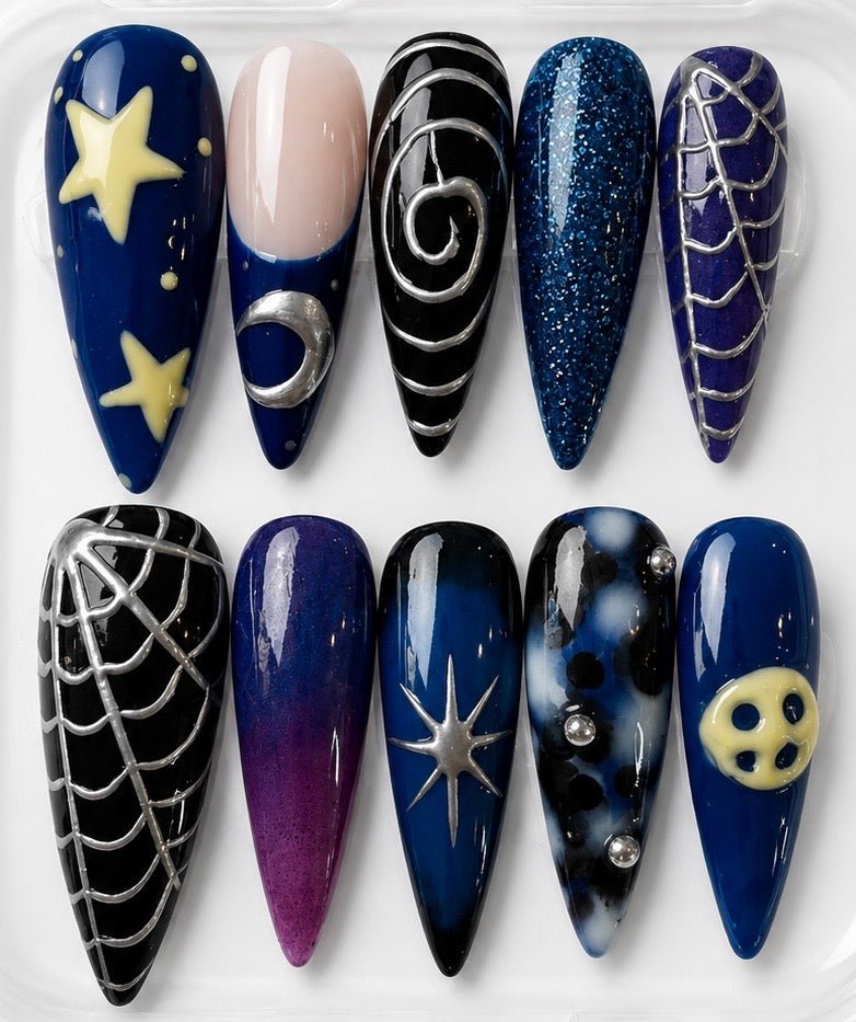 Ophelia handcrafted press-on nails in blue, black, yellow, purple & silver | Eleanor May Collective
