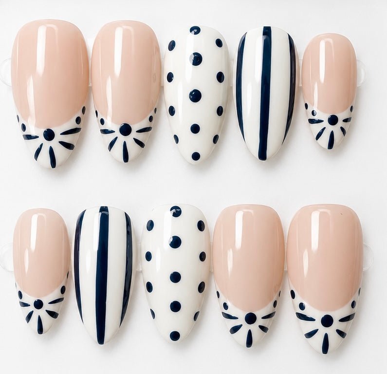 Sophia handcrafted press-on nails in white & blue | Eleanor May Collective